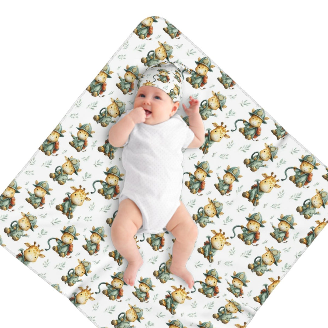 Giraffe Fireman Baby Swaddle Blanket & Beanie Hat Set