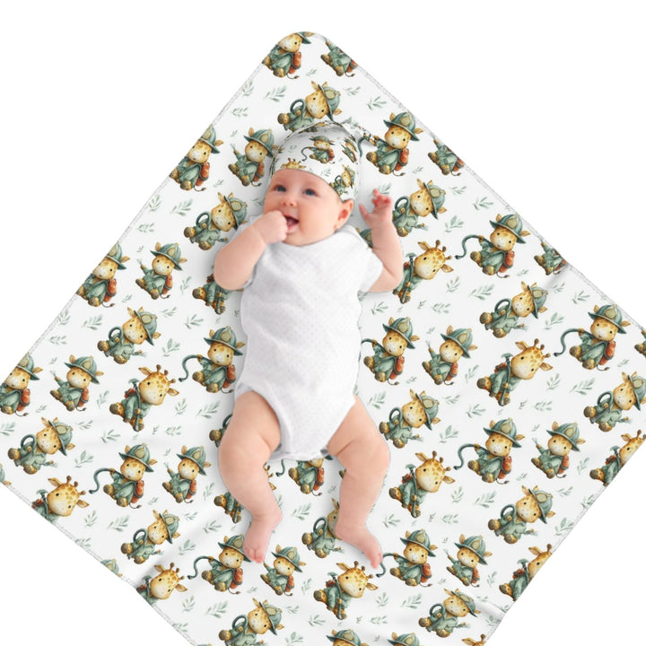 Giraffe Fireman Baby Swaddle Blanket & Beanie Hat Set