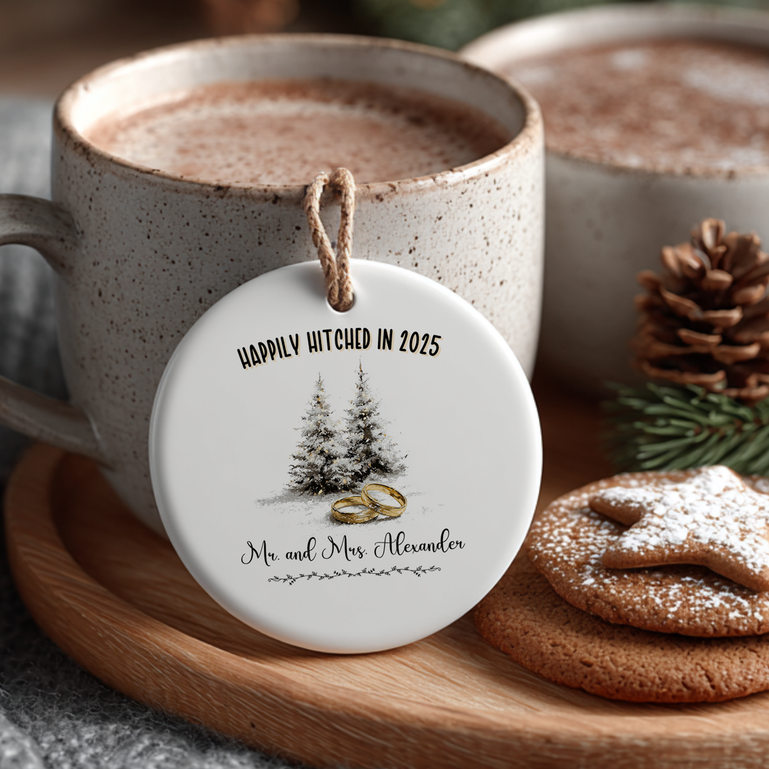 First Christmas Married or Engaged Personalized Ceramic Ornament