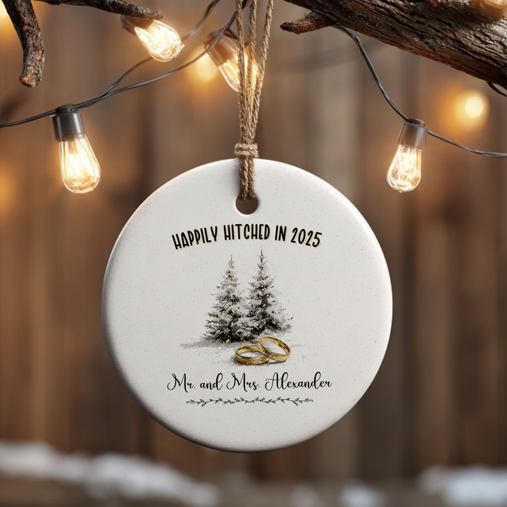 First Christmas Married or Engaged Personalized Ceramic Ornament