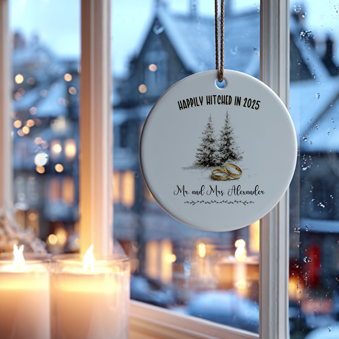First Christmas Married or Engaged Personalized Ceramic Ornament