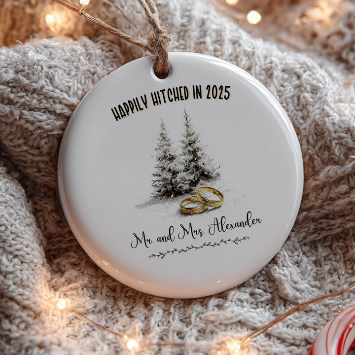 First Christmas Married or Engaged Personalized Ceramic Ornament