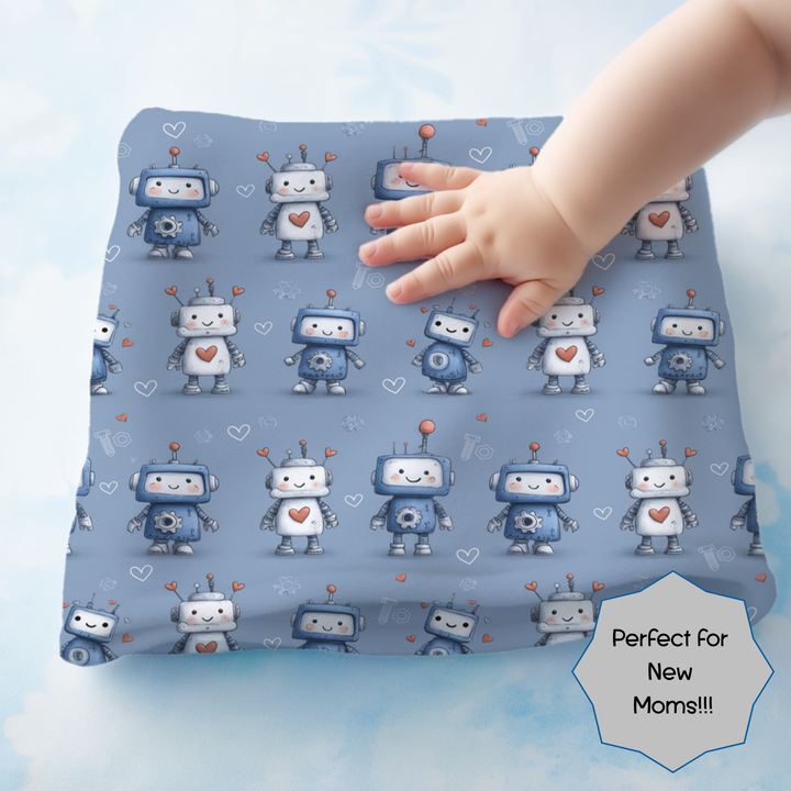 Blue Robot Love Swaddle Blanket