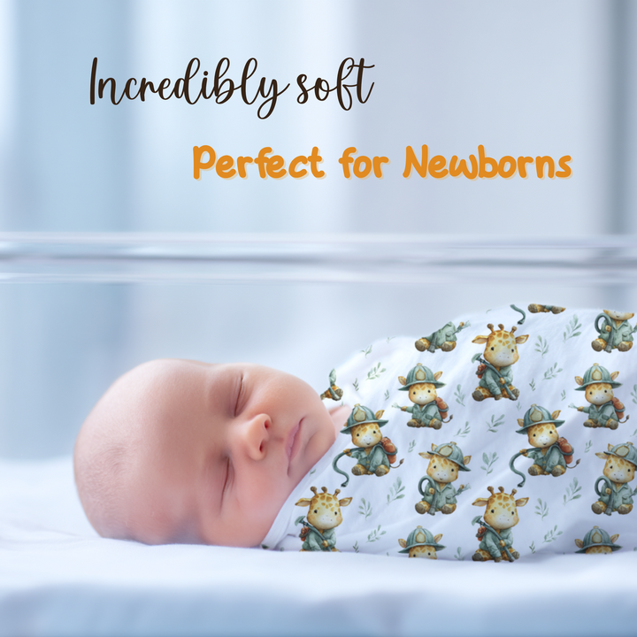 Giraffe Fireman Baby Swaddle Blanket & Beanie Hat Set
