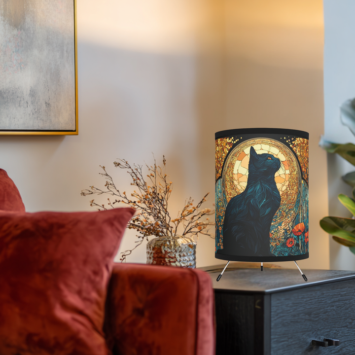 Black Cat Stain Glass Lamp Tripod Lamp