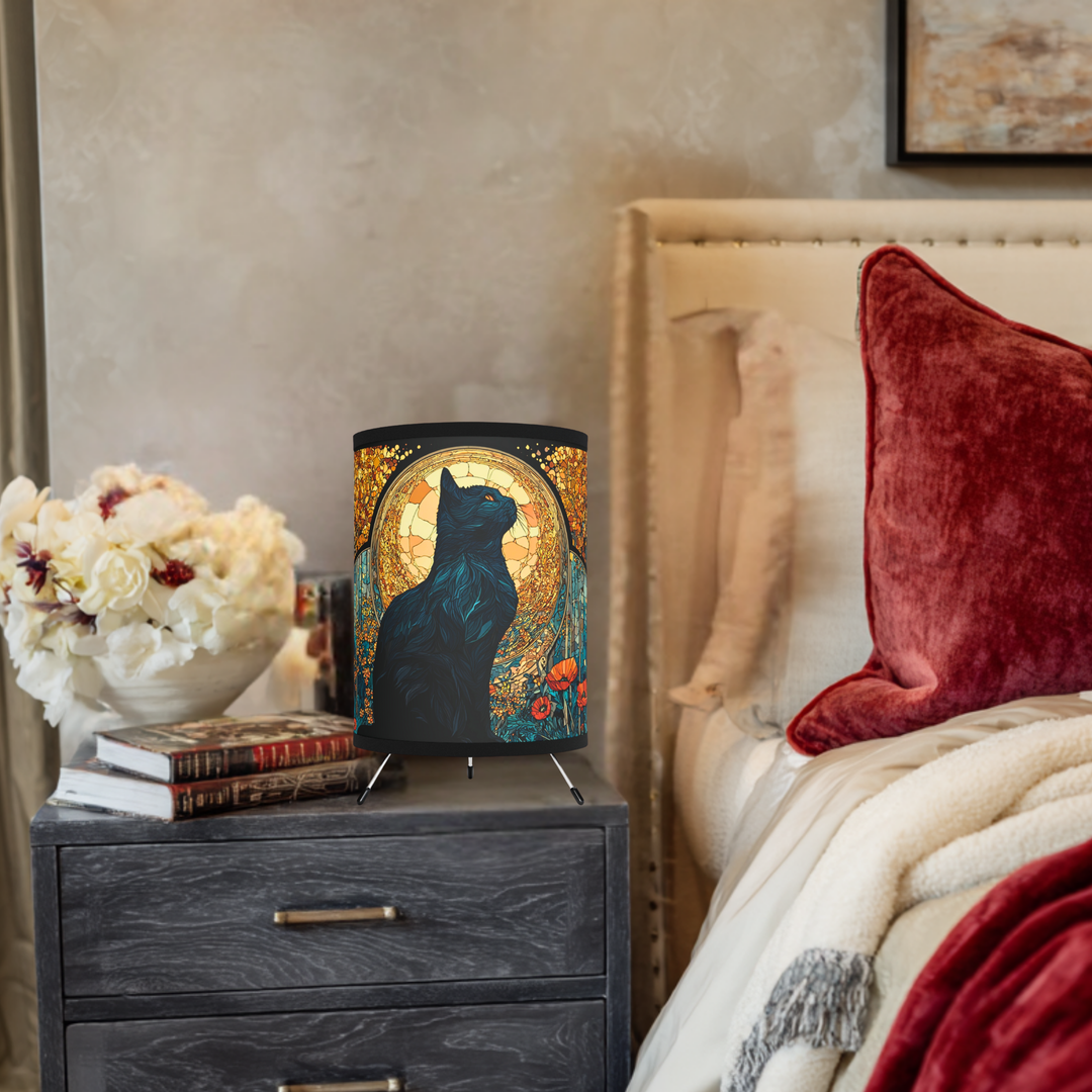 Black Cat Stain Glass Lamp Tripod Lamp