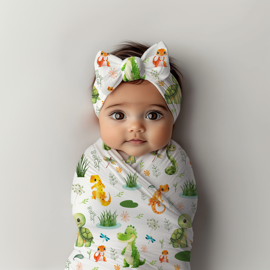 Swamp and Friends Headbands & Swaddle Blanket Set