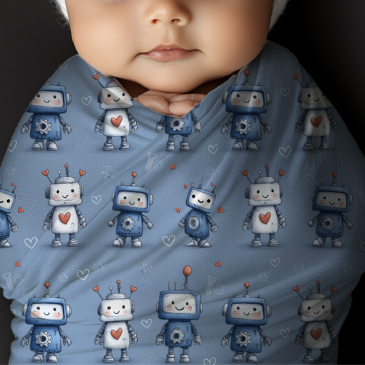 Blue Robot Love Swaddle Blanket
