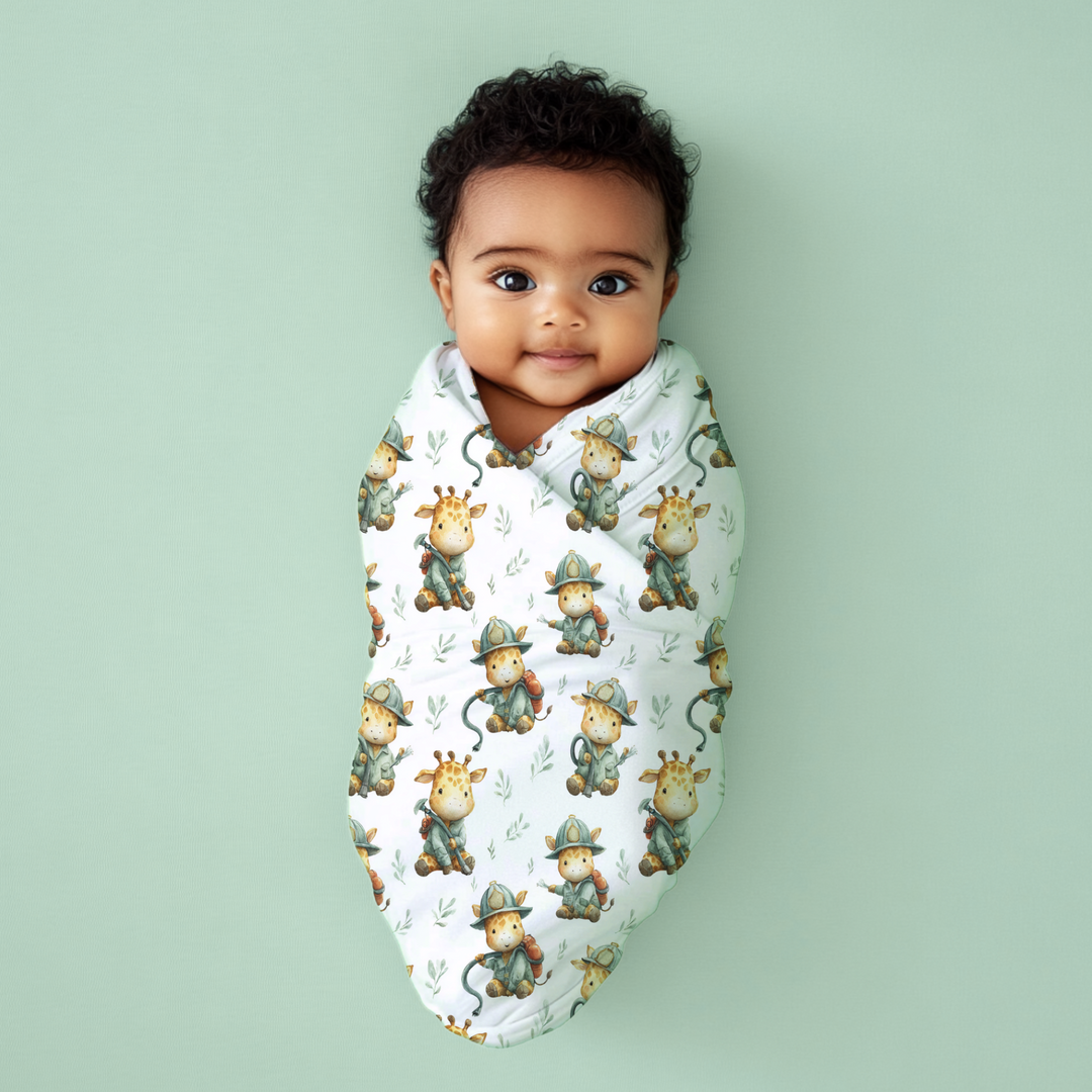Giraffe Fireman Baby Swaddle Blanket & Beanie Hat Set