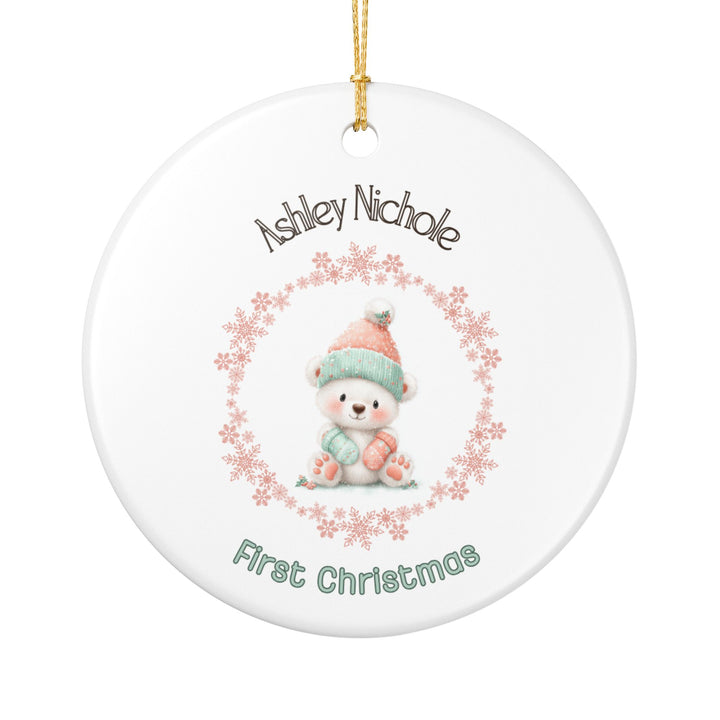First Christmas Coral Teddy Bear Personalized Ornament