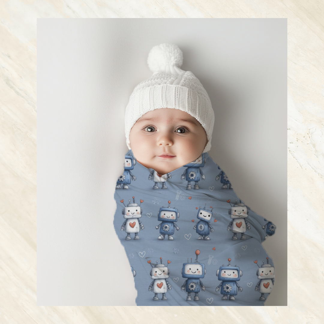 Blue Robot Love Swaddle Blanket