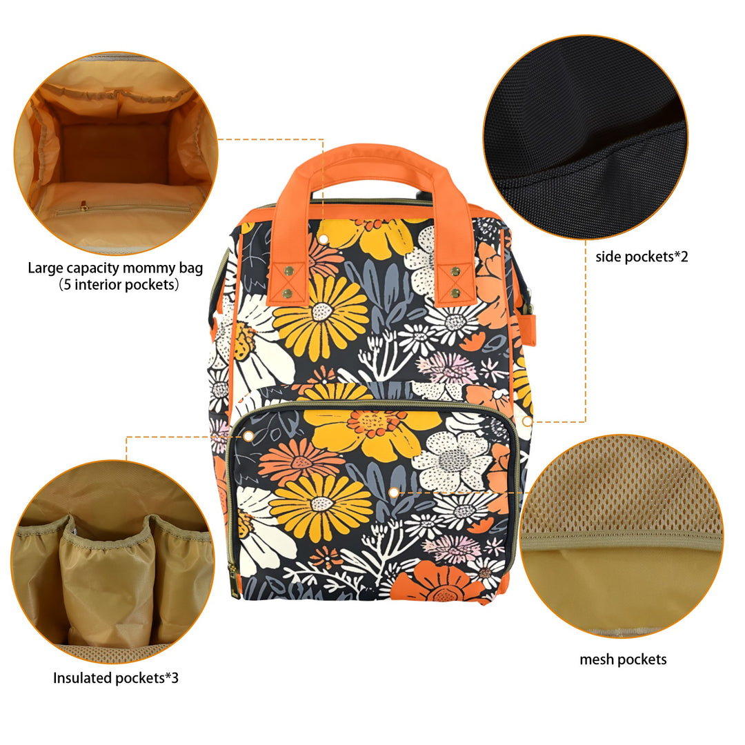 Boho Black Flowers Diaper Bag