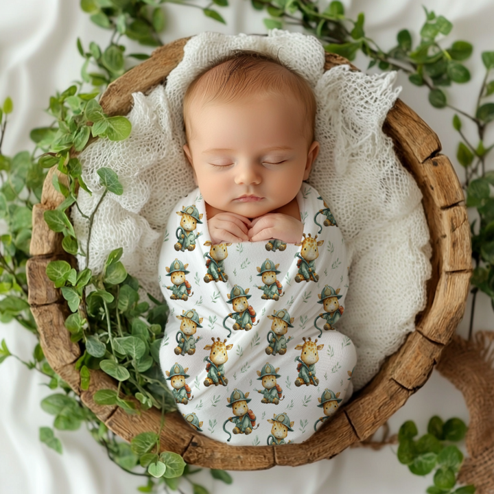 Giraffe Fireman Baby Swaddle Blanket & Beanie Hat Set