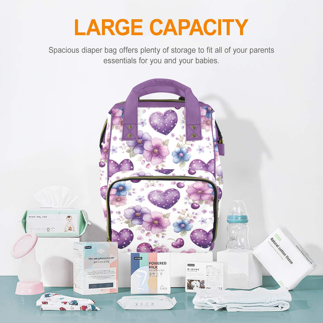 Purple Hearts and Flowers Diaper Bag