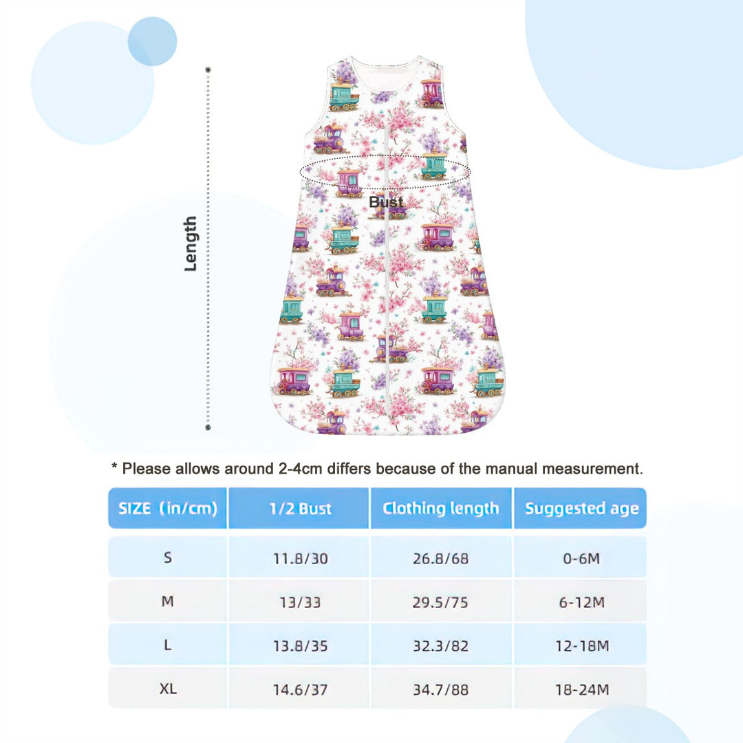 Whimsical Trains and Flowers Sleeveless Baby Sleep Sack