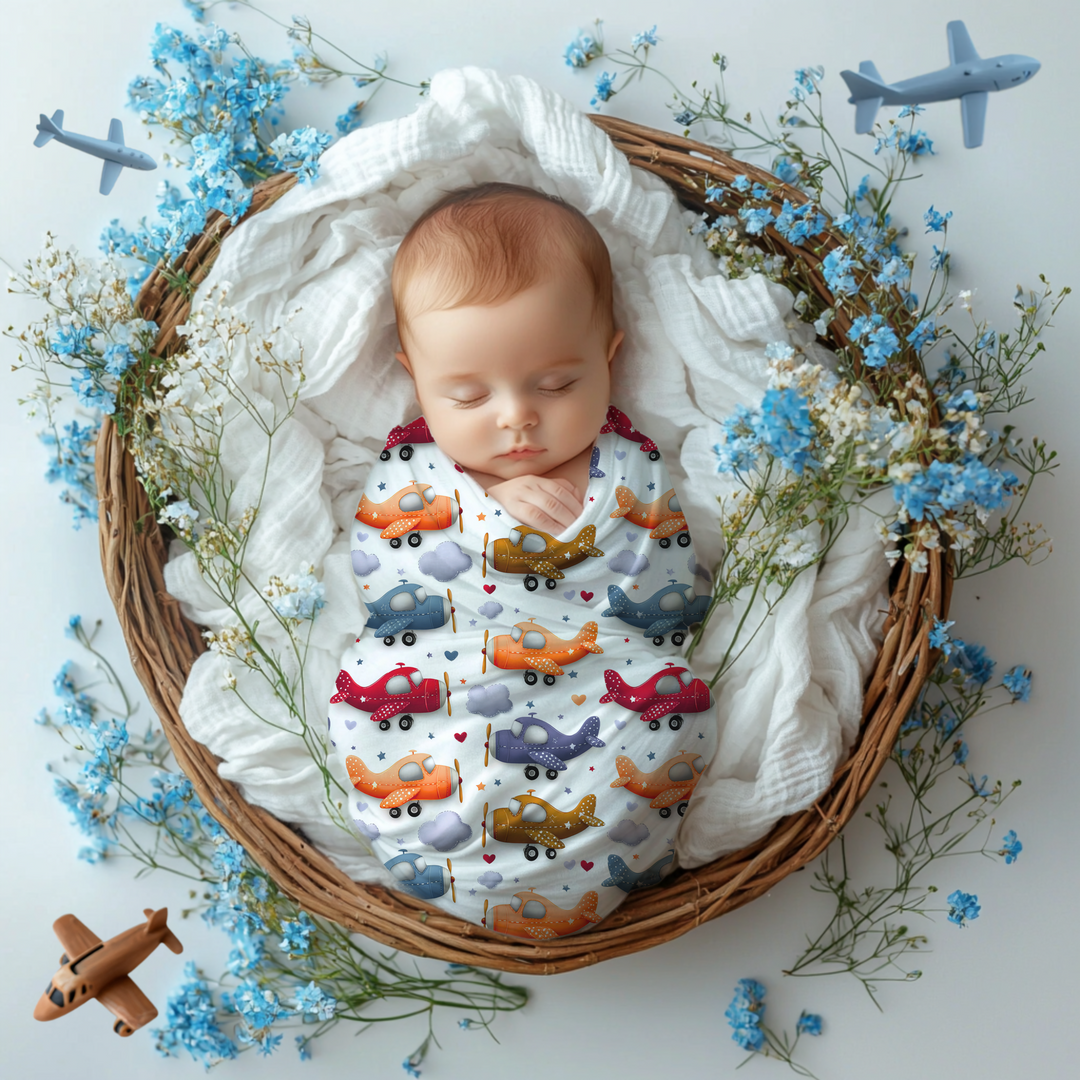 Colorful Airplane Baby Swaddle Blanket Set