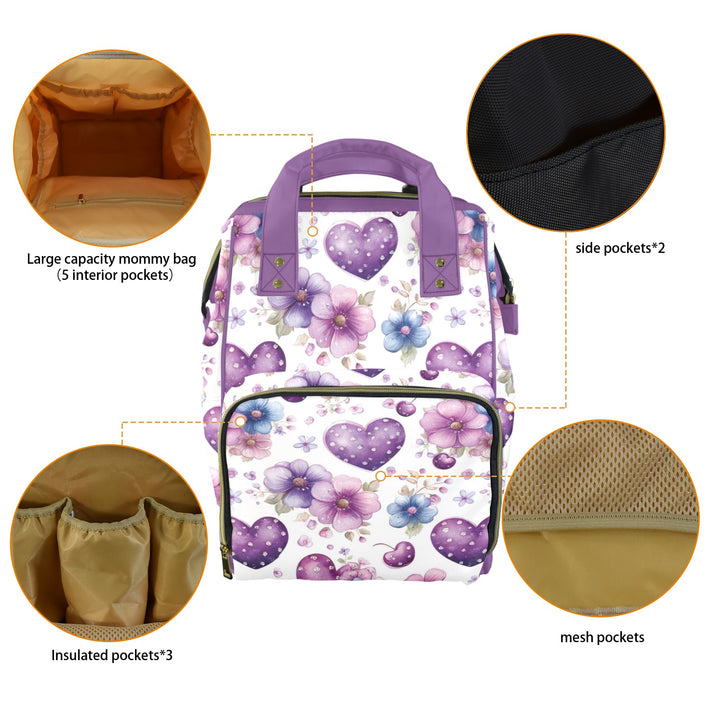 Purple Hearts and Flowers Diaper Bag