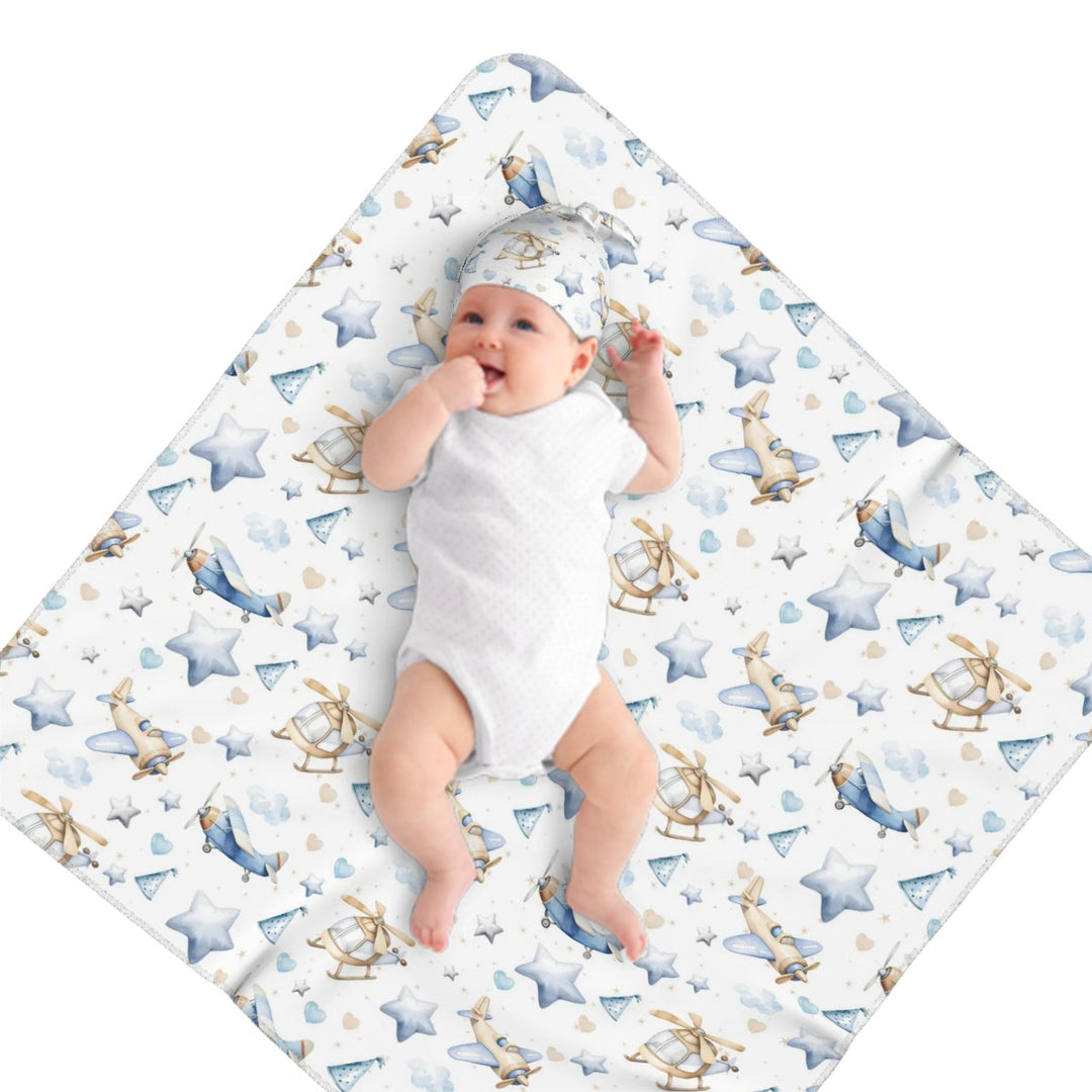 Airplane Baby Swaddle Blanket & Beanie Hat Set