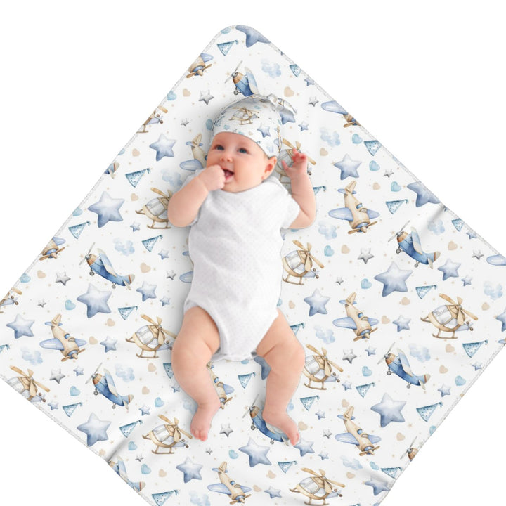 Airplane Baby Swaddle Blanket & Beanie Hat Set