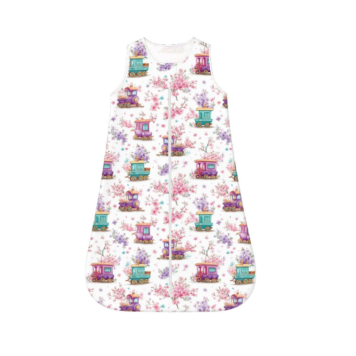 Whimsical Trains and Flowers Sleeveless Baby Sleep Sack