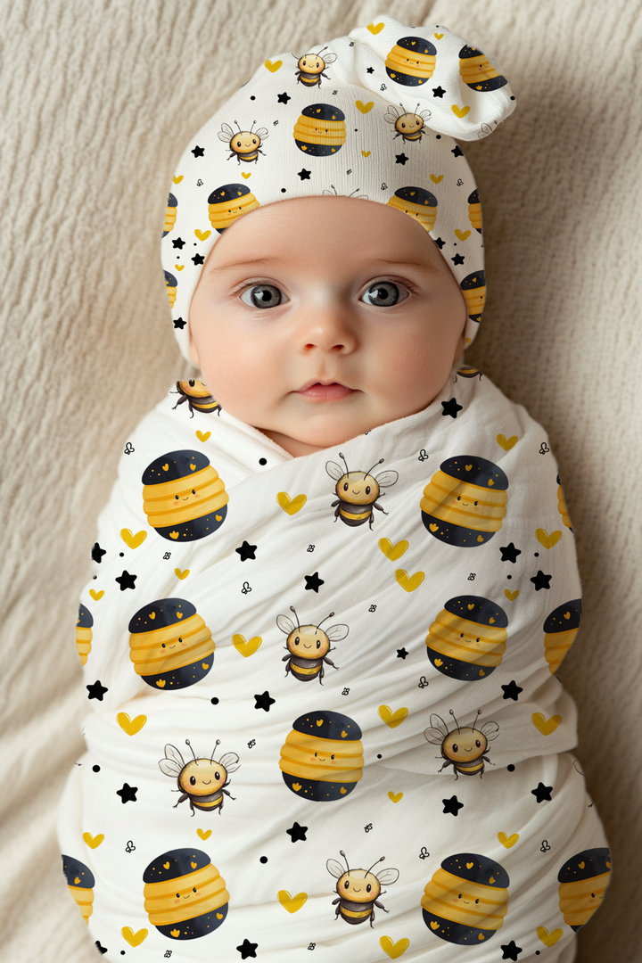 Bumble Bee Swaddle Blanket & Beanie Hat Set