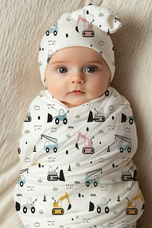 Construction Baby Swaddle Blanket & Beanie Hat Set