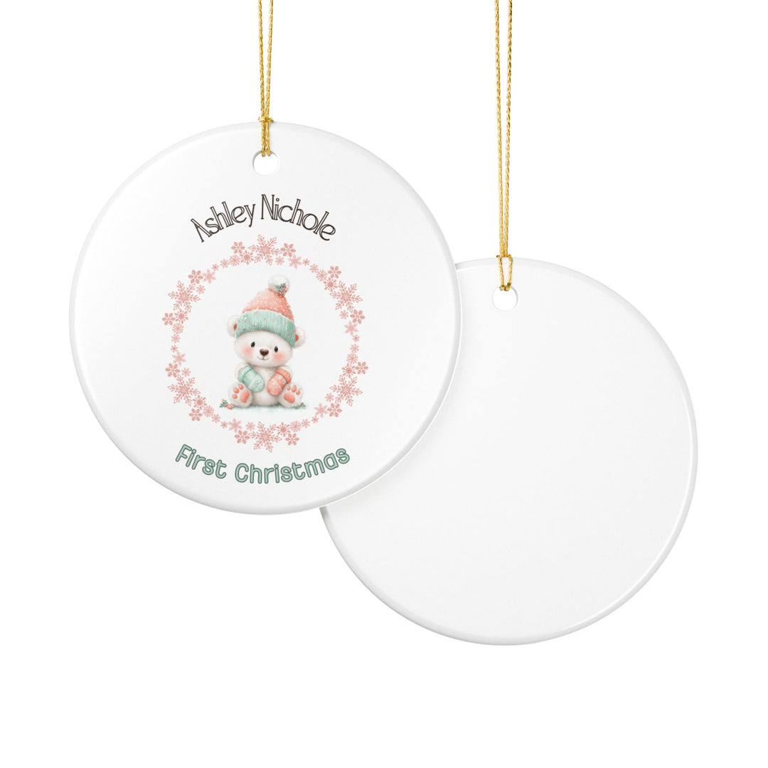 First Christmas Coral Teddy Bear Personalized Ornament