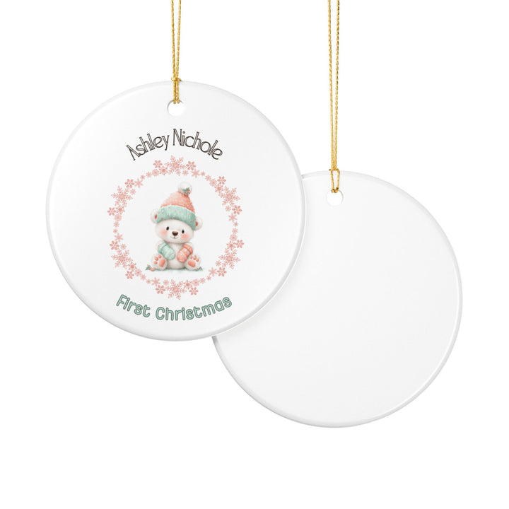 First Christmas Coral Teddy Bear Personalized Ornament