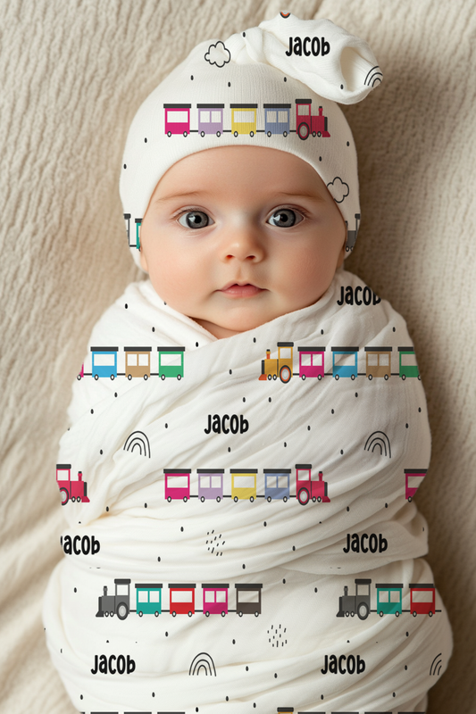 Adorable Train Design Baby Swaddle Blanket & Beanie Hat Set