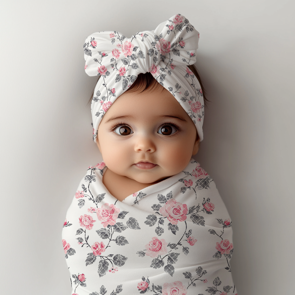 Roses and Lace Baby Headbands & Swaddle Blanket Set