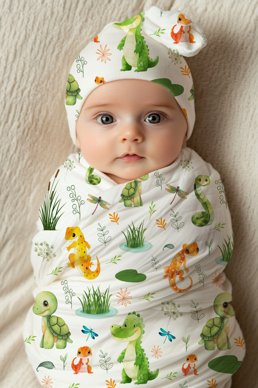 Swamp and Friends Swaddle Blanket & Beanie Hat Set