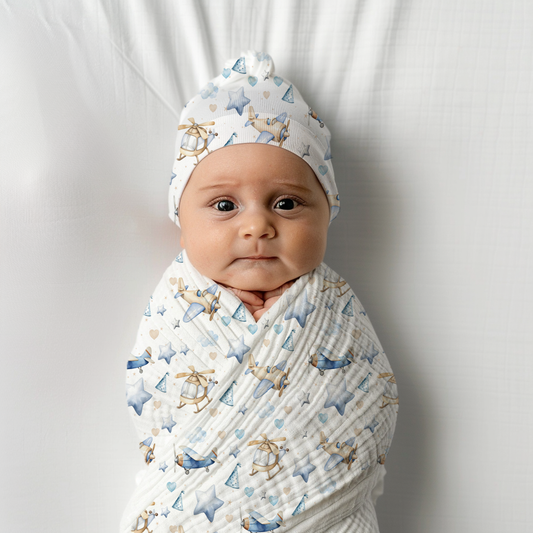 Airplane Baby Swaddle Blanket & Beanie Hat Set