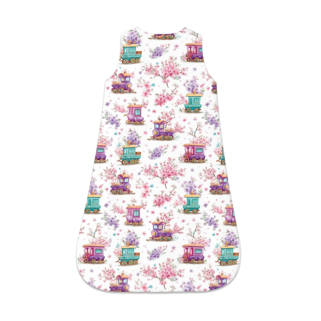 Whimsical Trains and Flowers Sleeveless Baby Sleep Sack