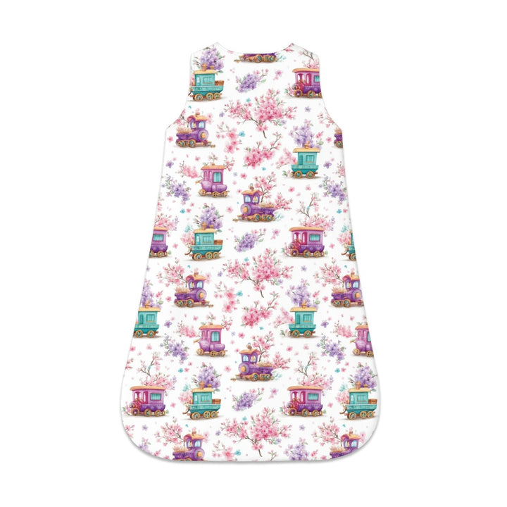 Whimsical Trains and Flowers Sleeveless Baby Sleep Sack