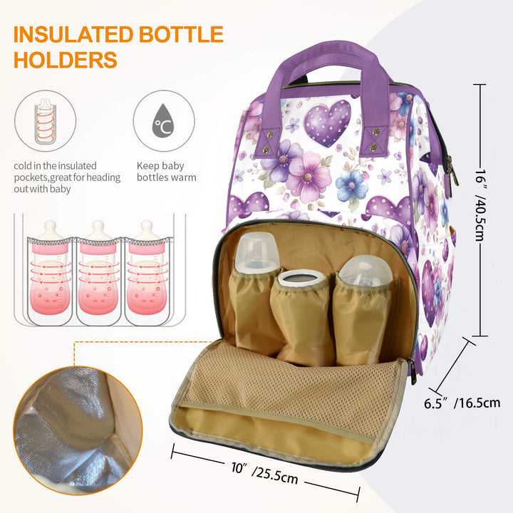 Purple Hearts and Flowers Diaper Bag