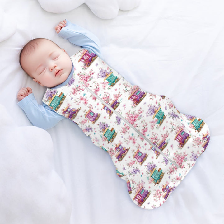 Whimsical Trains and Flowers Sleeveless Baby Sleep Sack