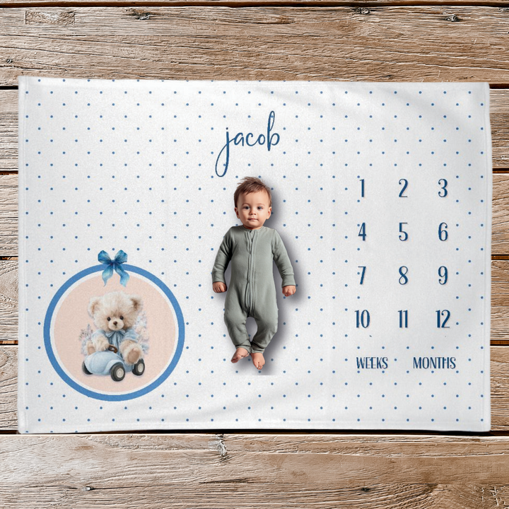 Blue Teddy Driver Milestone Blanket