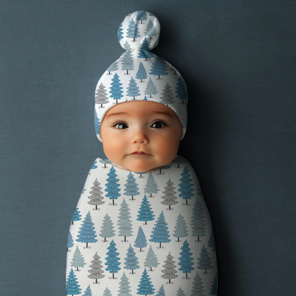Blue Christmas Tree Cocoon Baby Swaddle Set