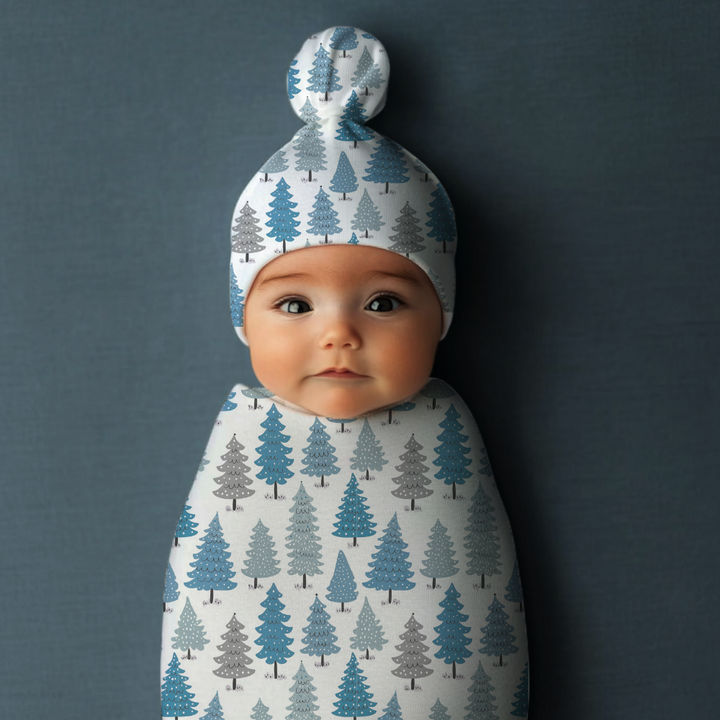 Blue Christmas Tree Cocoon Baby Swaddle Set