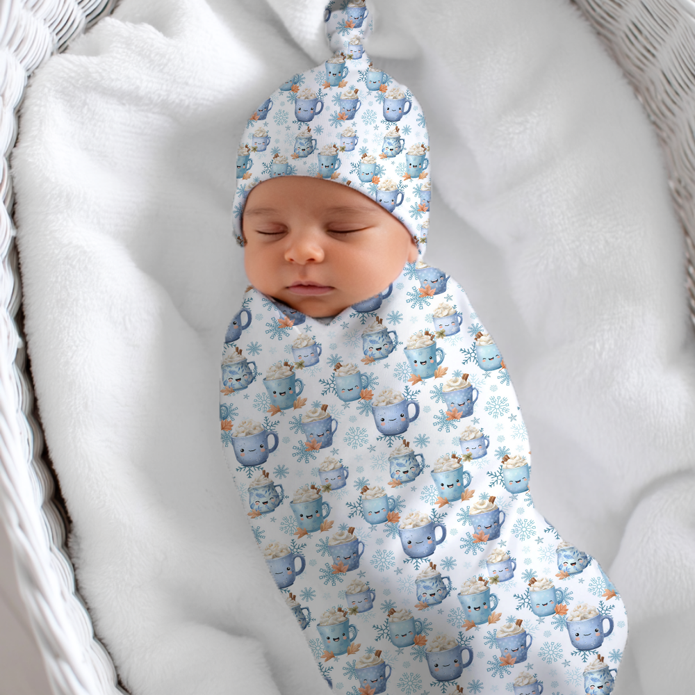 Blue Cocoa and Mugs Cocoon Baby Swaddle set