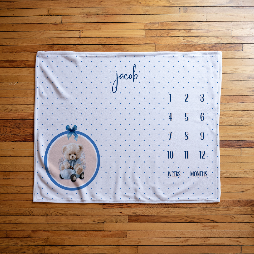 Blue Teddy Driver Milestone Blanket
