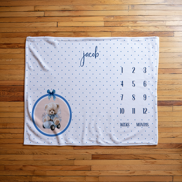 Blue Teddy Driver Milestone Blanket