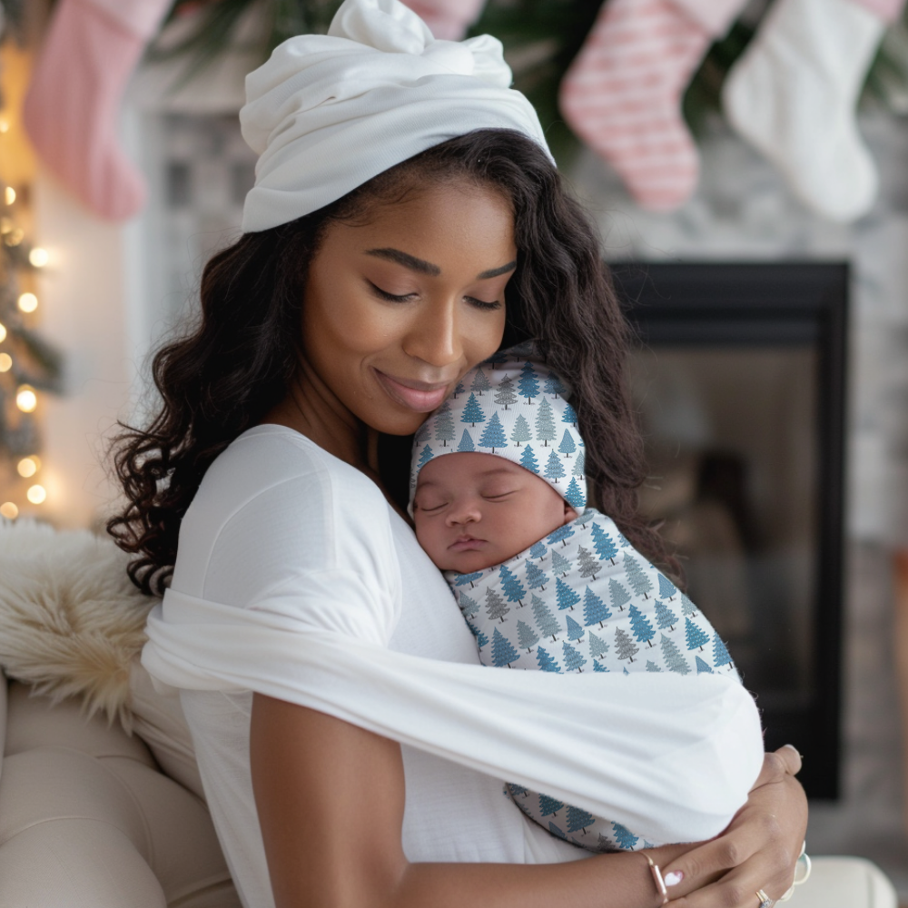 Blue Christmas Tree Cocoon Baby Swaddle Set