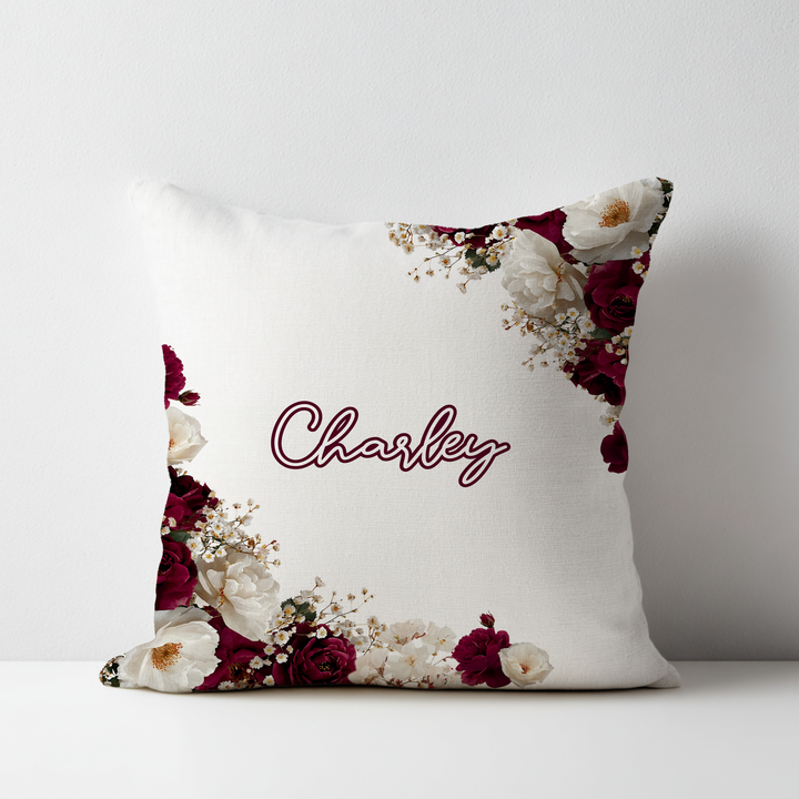 Burgundy and White Flowers Throw Pillow Covers