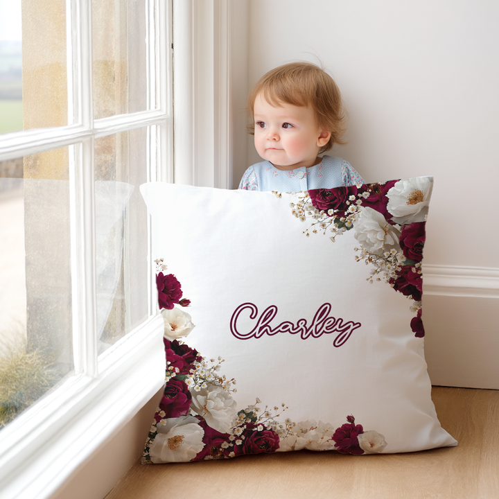 Burgundy and White Flowers Throw Pillow Covers