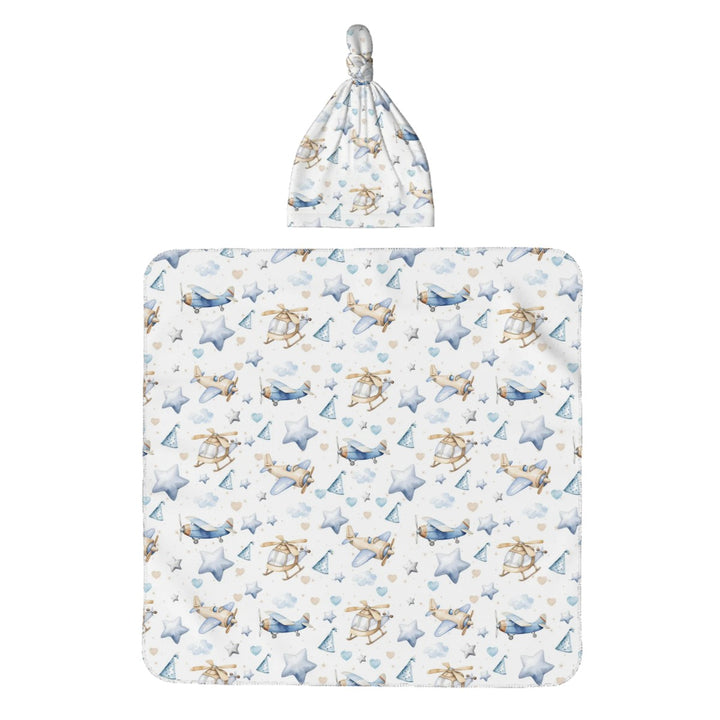 Airplane Baby Swaddle Blanket & Beanie Hat Set