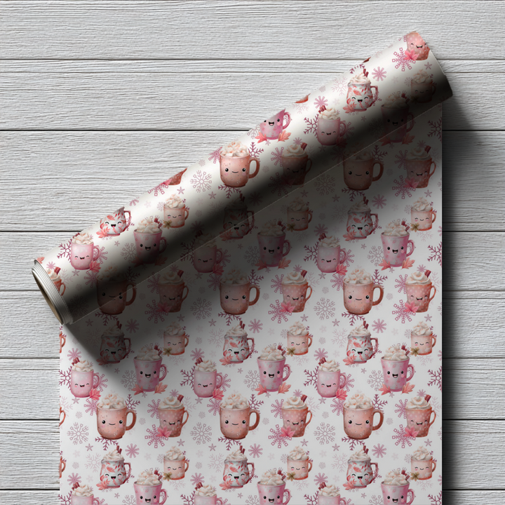 Pink Cocoa and Snowflakes Wrapping Paper