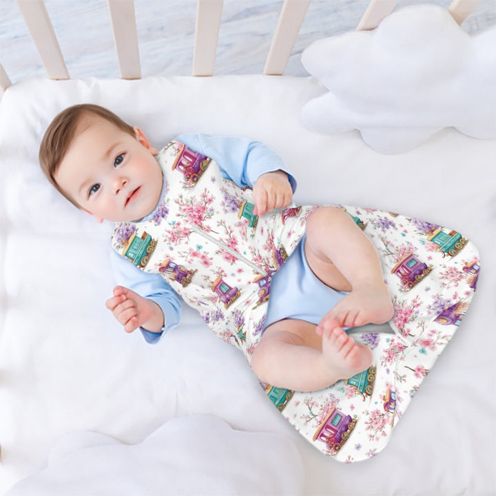 Whimsical Trains and Flowers Sleeveless Baby Sleep Sack