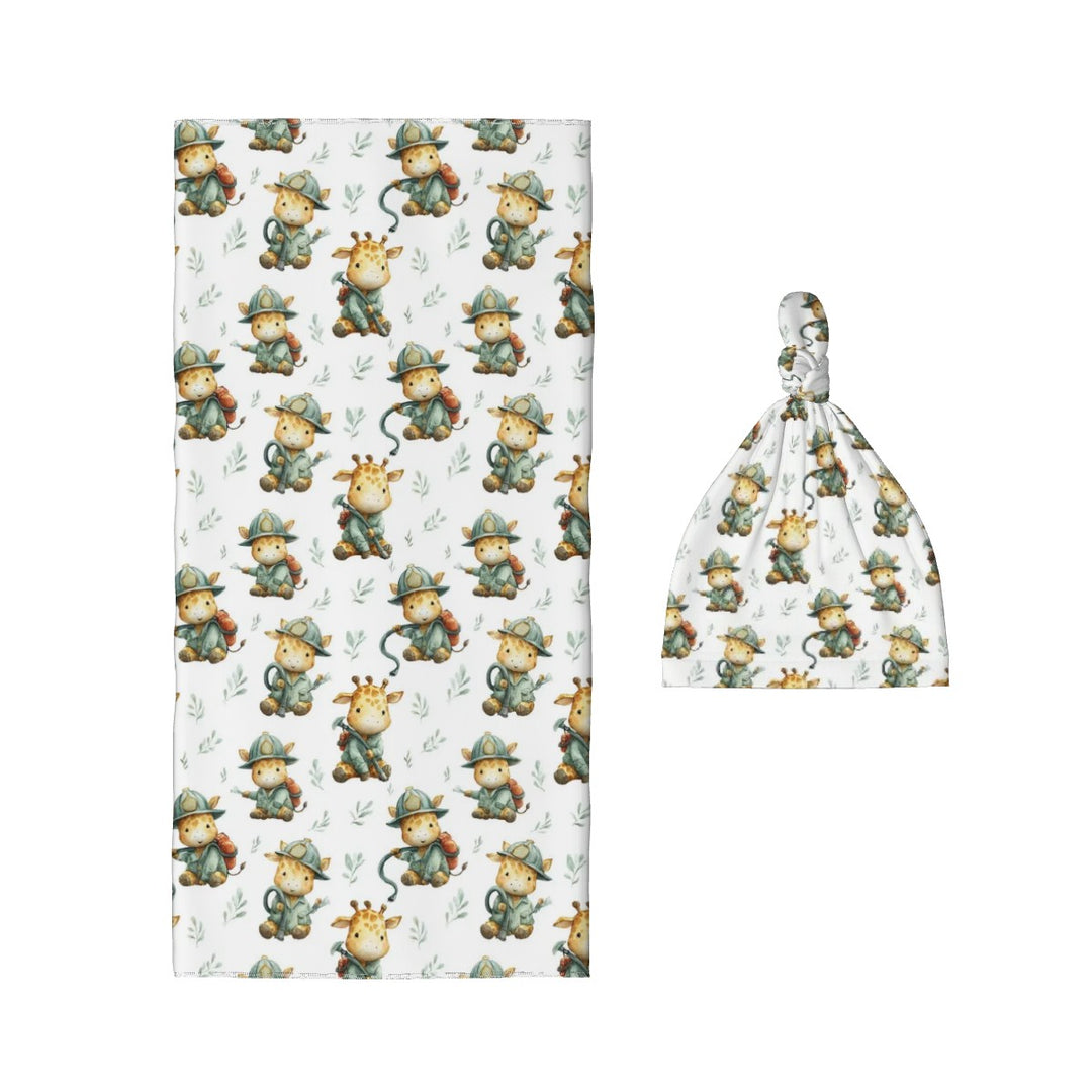 Giraffe Fireman Baby Swaddle Blanket & Beanie Hat Set