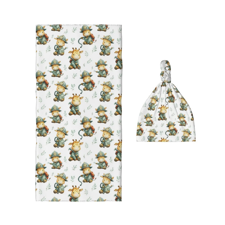 Giraffe Fireman Baby Swaddle Blanket & Beanie Hat Set